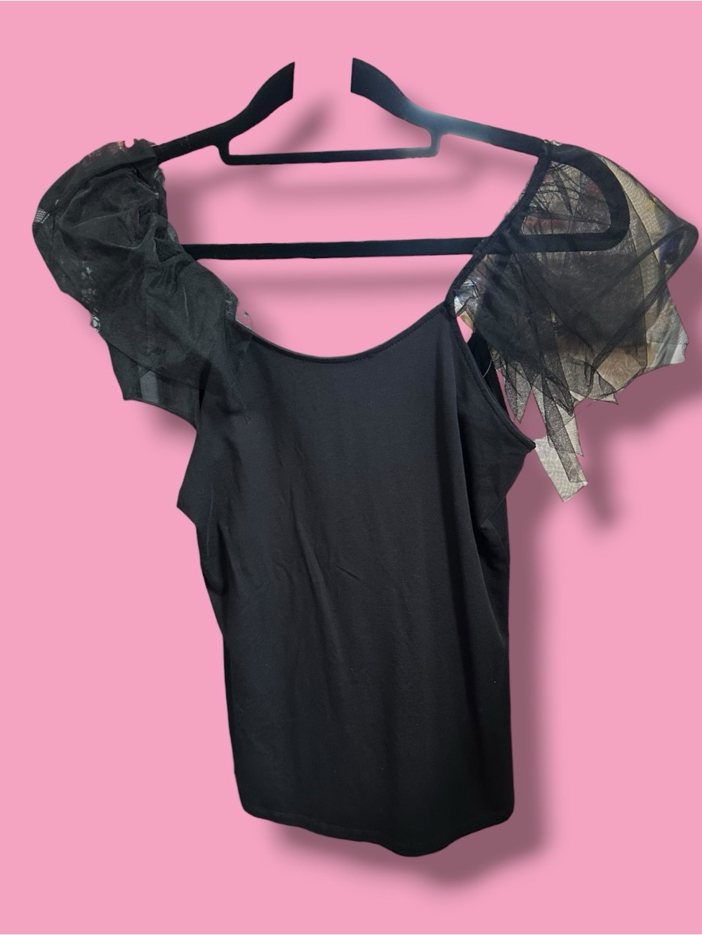 Black Puff Sleeve Women's Top with Sheer Organza Sleeves - Picture 2 of 2